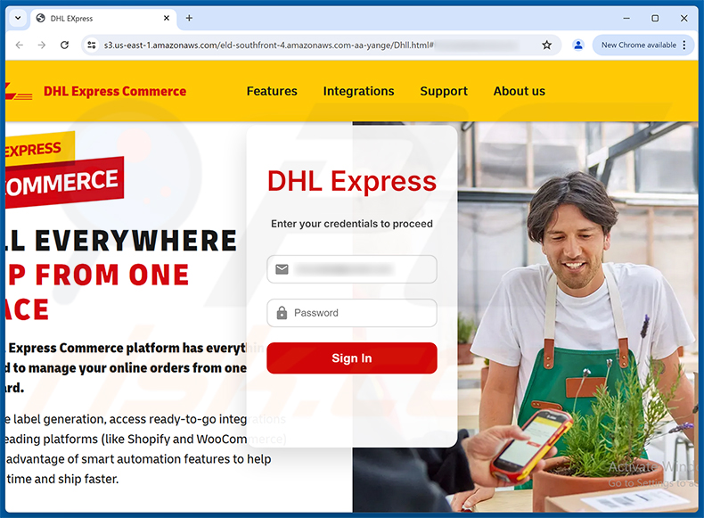 Page de phishing DHL Express Shipment Update