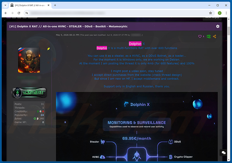 Publication sur un forum de hackers faisant la promotion de Dolphin X RAT