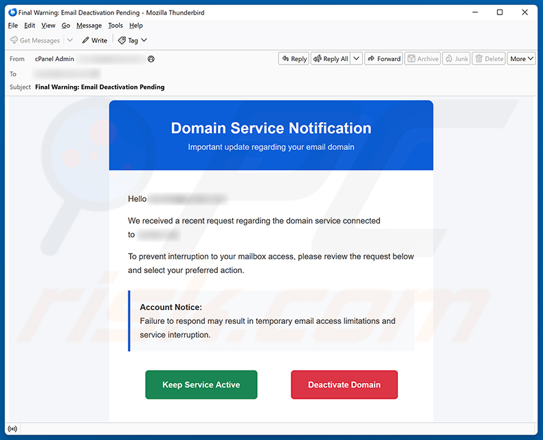 Campagne de spam par e-mail Domain Service Deactivation