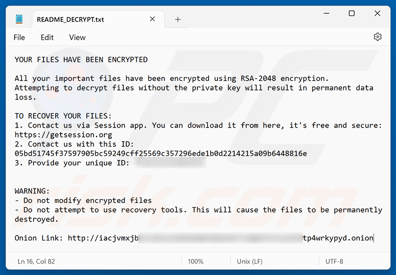 Demande de rançon du ransomware Doommageddon (README_DECRYPT.txt)