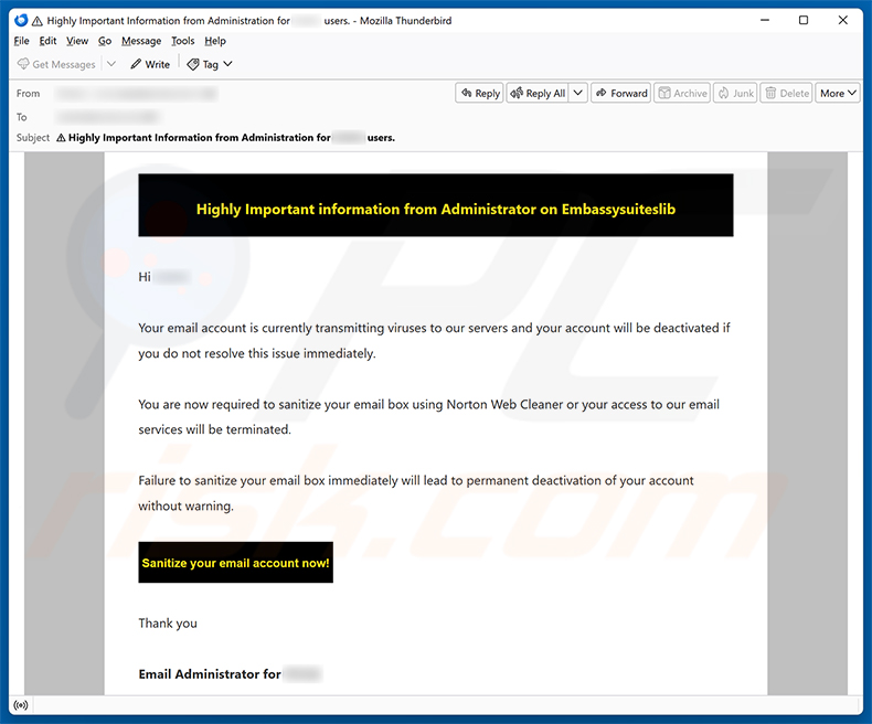Campagne de spam par e-mail de l'arnaque Email Account Is Currently Transmitting Viruses