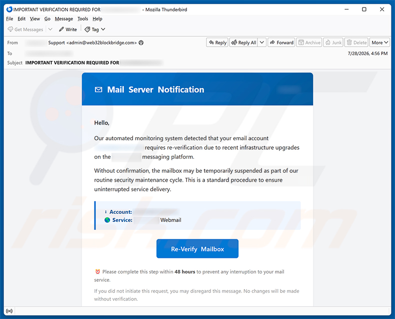 Campagne de spam par e-mail arnaque Email Account Requires Re-Verification