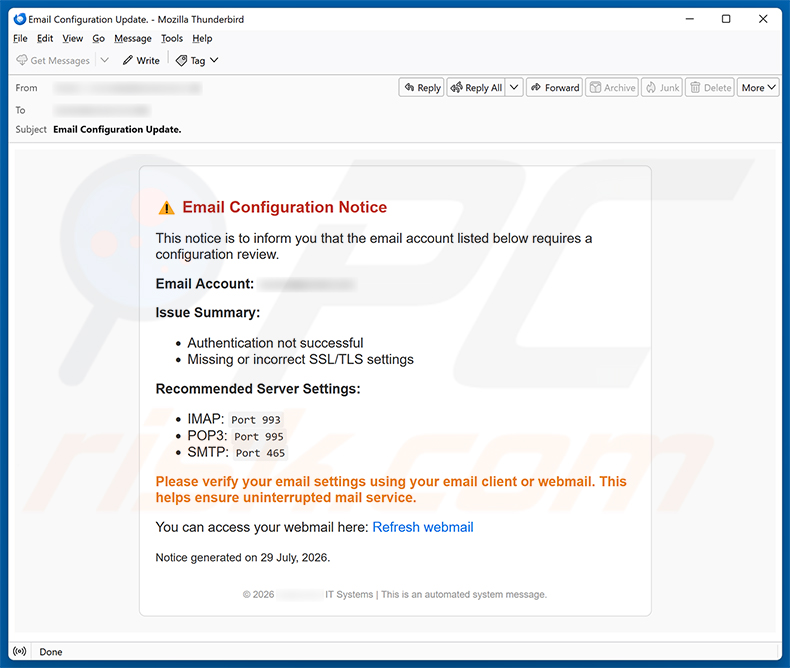 Campagne de spam par e-mail de l'arnaque Email Configuration Notice