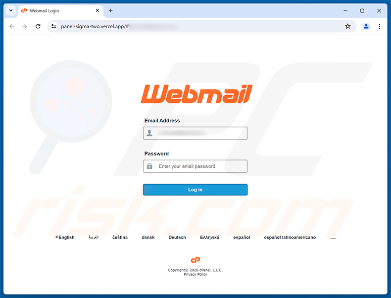 Page de phishing Email Migration Notice arnaque