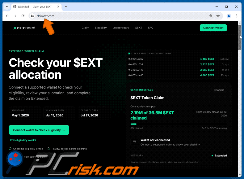Apparence de Extended ($EXT) Allocation arnaque (GIF)