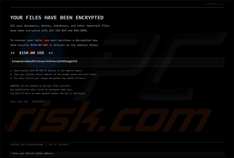 Demande de rançon du ransomware FadeSEC (message interactif en plein écran)
