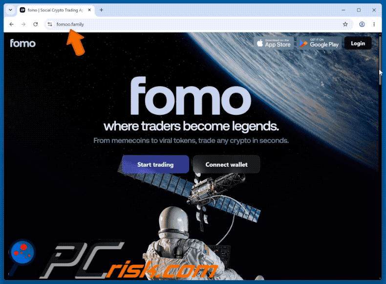 Apparence de l'arnaque de la fausse plateforme de trading Fomo (GIF)