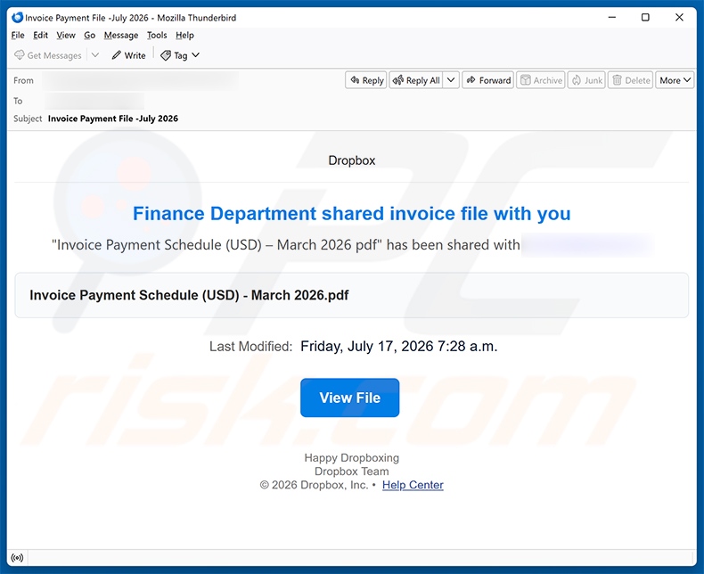 Campagne de spam par e-mail Finance Department Invoice arnaque par e-mail