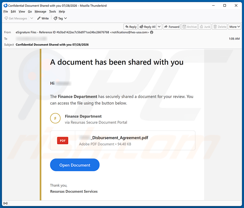 Campagne de spam Finance Department Secure Document Email Virus