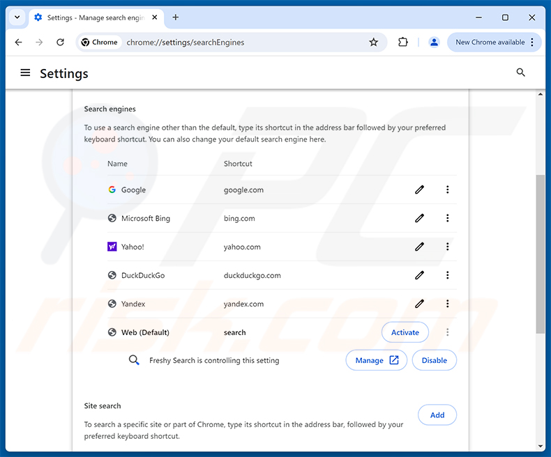 Suppression de Freshy Search (freshy.com) du moteur de recherche par défaut de Google Chrome