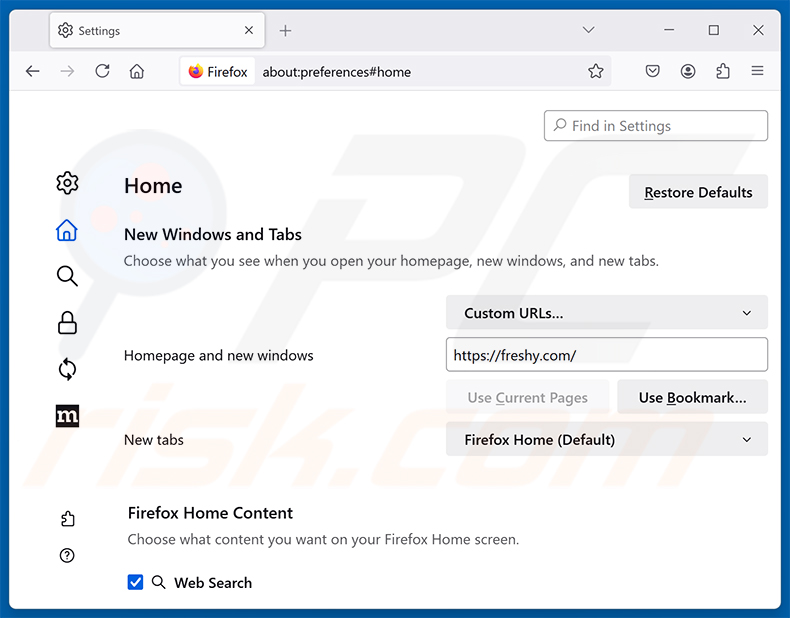 Suppression de Freshy Search (freshy.com) de la page d'accueil de Mozilla Firefox