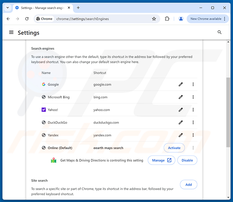 Suppression de Get Maps & Driving Directions (bestfreemaps.com) du moteur de recherche par défaut de Google Chrome