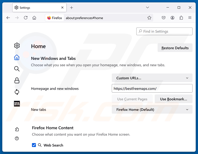 Suppression de Get Maps & Driving Directions (bestfreemaps.com) de la page d'accueil de Mozilla Firefox