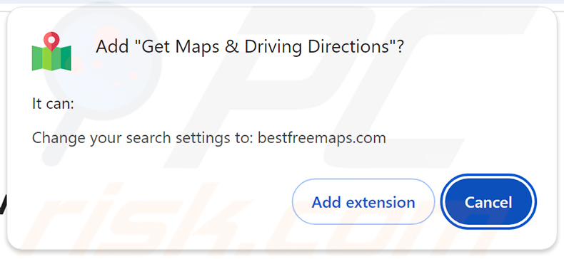 Autorisations demandées par le pirate de navigateur Get Maps & Driving Directions (bestfreemaps.com)
