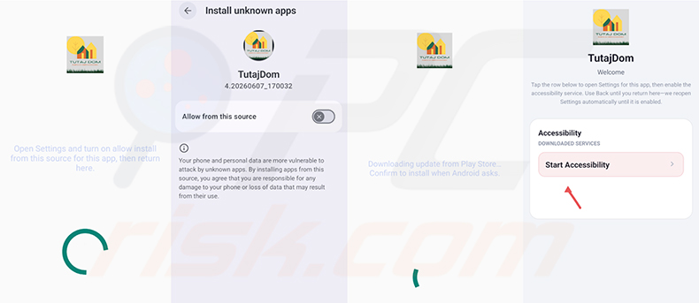 Processus d'installation de Glitch SPY RAT - la fausse application TutajDom demandant l'autorisation des sources inconnues et l'accès à l'accessibilité