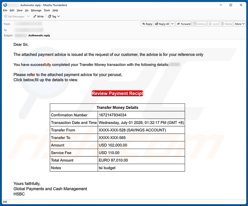 Campagne de spam par e-mail HSBC Money Transfer Completed arnaque par e-mail