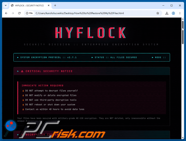 Demande de rançon du ransomware HYFLOCK (How to Restore My Files.html)