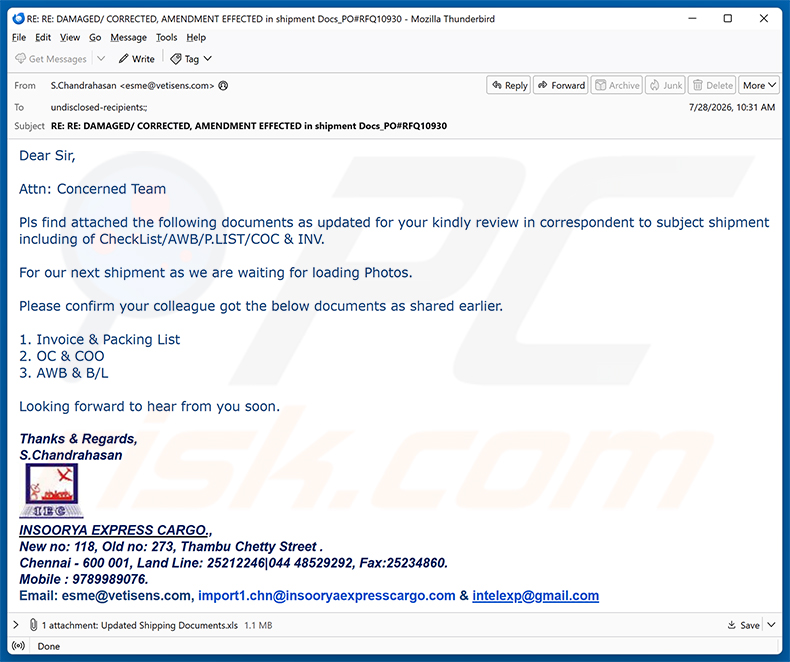 Campagne de spam du virus par e-mail Insoorya Express Cargo Shipment Documents