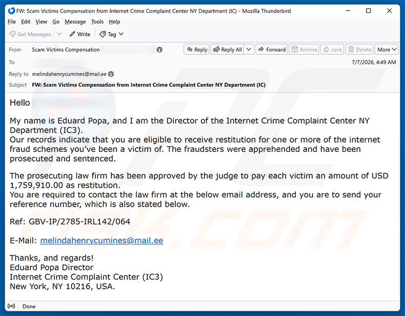 Internet Fraud Victim Compensation arnaque par e-mail (2026-07-08)