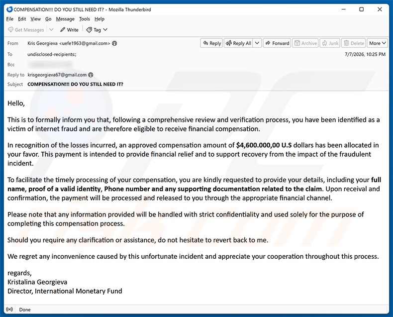 Campagne de spam par e-mail Internet Fraud Victim Compensation