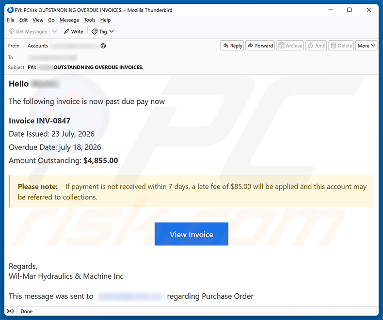 Campagne de spam de l'arnaque par e-mail Invoice Is Past Due