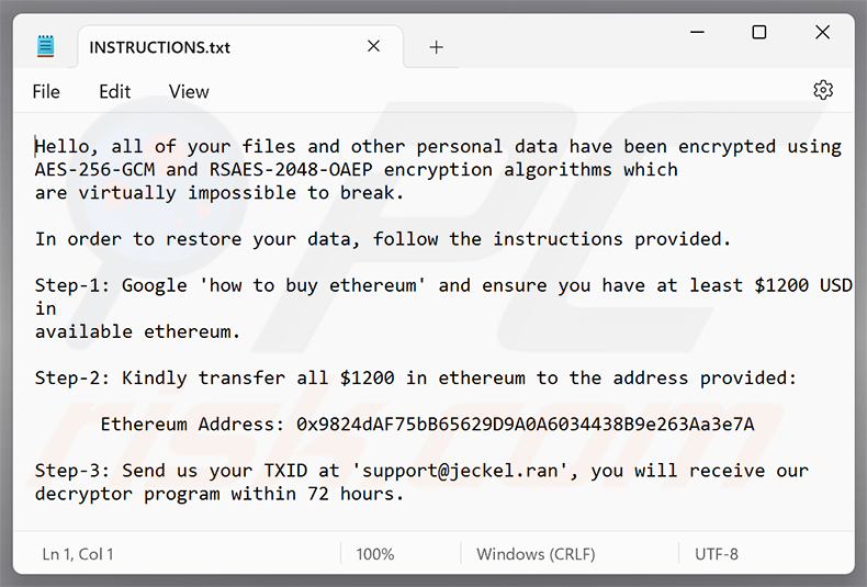 Demande de rançon du ransomware Jeckel (INSTRUCTIONS.txt)