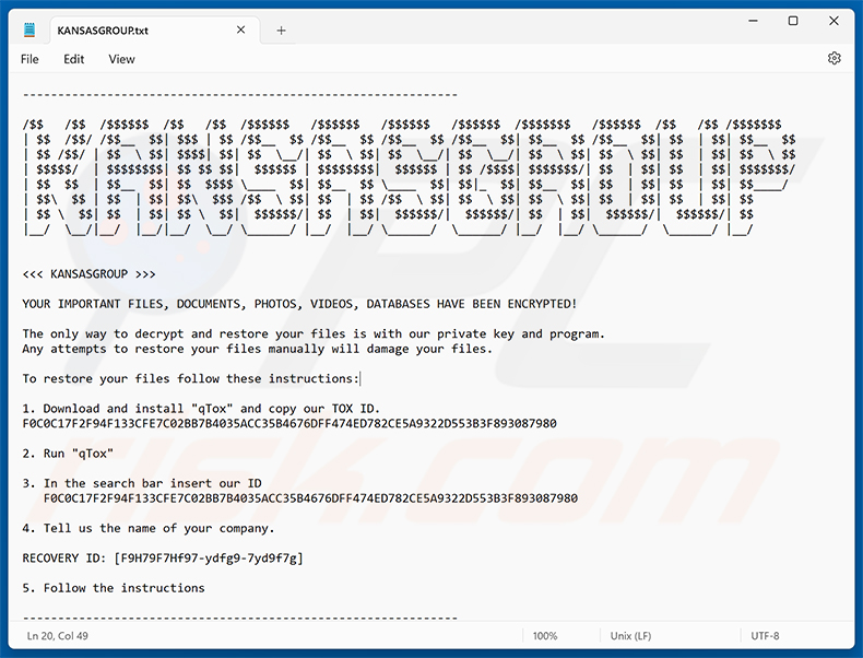 Fichier texte du ransomware KansasGroup (KANSASGROUP.txt)