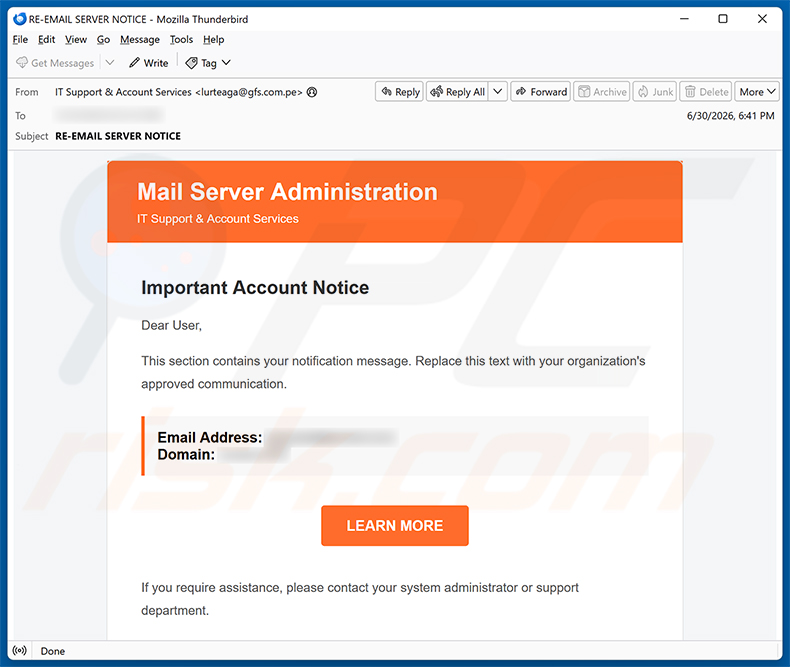 Campagne de spam par e-mail Mail Server Administration Scam