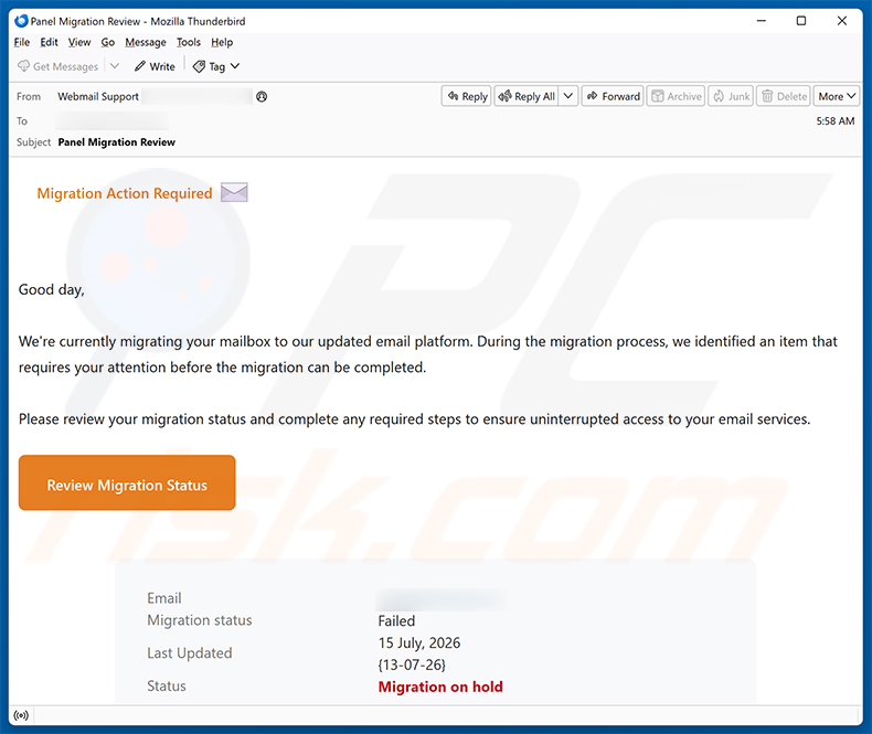 Campagne de spam par e-mail Migration Action Required