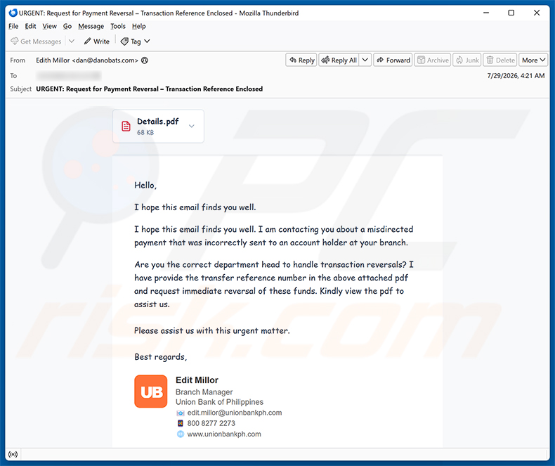 Campagne de spam par e-mail Misdirected Payment Email Scam