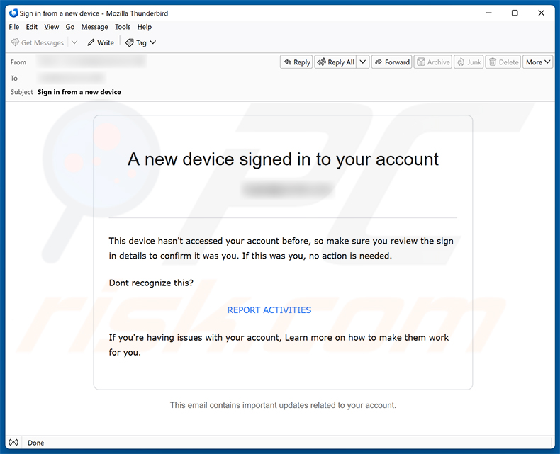 Campagne de spam par e-mail New Device Signed In To Your Account arnaque par e-mail
