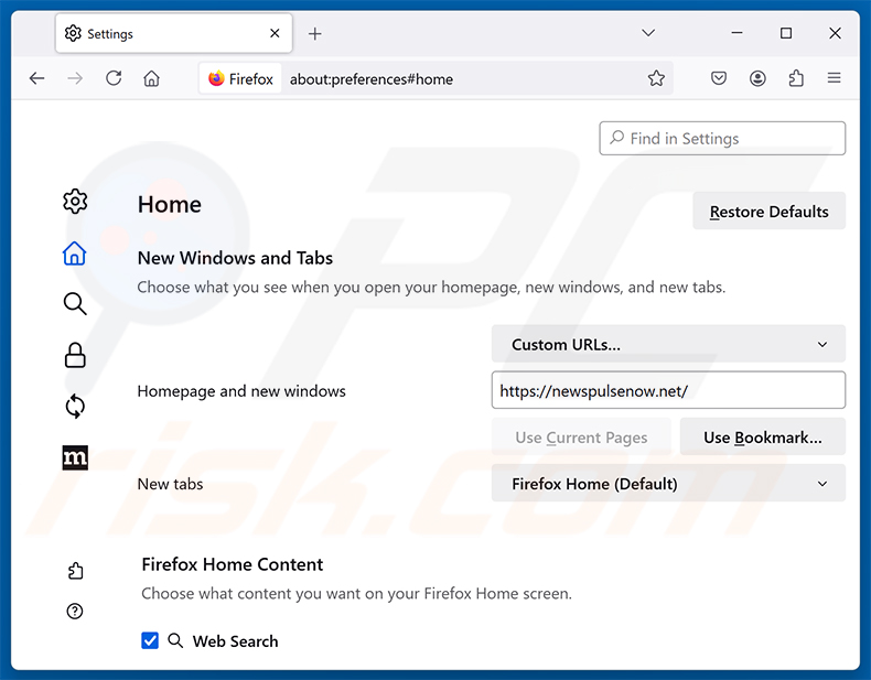 Suppression de newspulsenow.net de la page d'accueil de Mozilla Firefox
