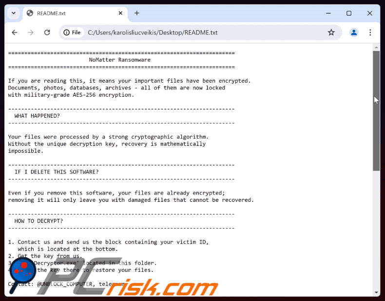 Demande de rançon du ransomware NoMatter (README.txt)