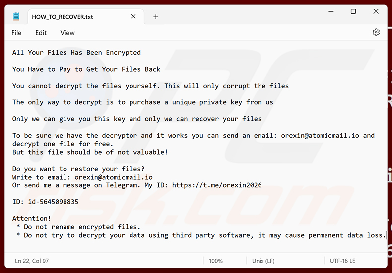 Demande de rançon du ransomware Orexin (HOW_TO_RECOVER.txt)