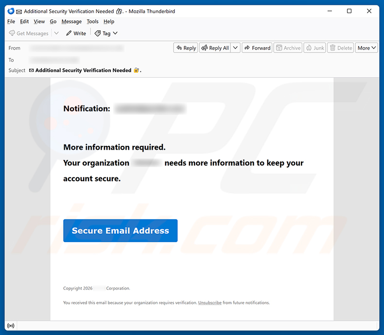 Campagne de spam par e-mail Organization Needs Information To Keep Account Secure