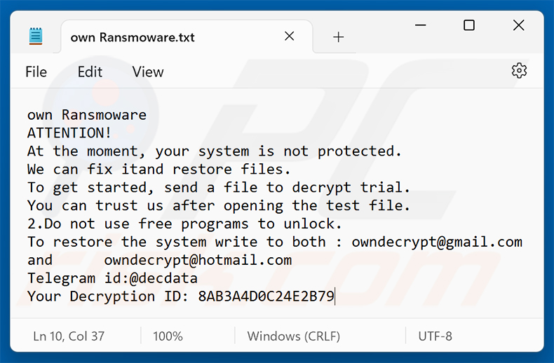 Demande de rançon du ransomware Own Ransomware (own Ransomware.txt)