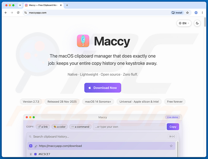 Faux site web maccyapp.com distribuant le malware PamStealer
