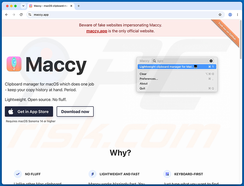 Site web officiel de Maccy avertissant des faux sites web