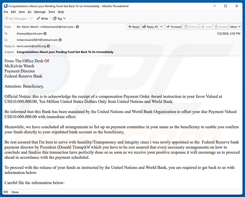 Campagne de spam par e-mail Payment Order Award