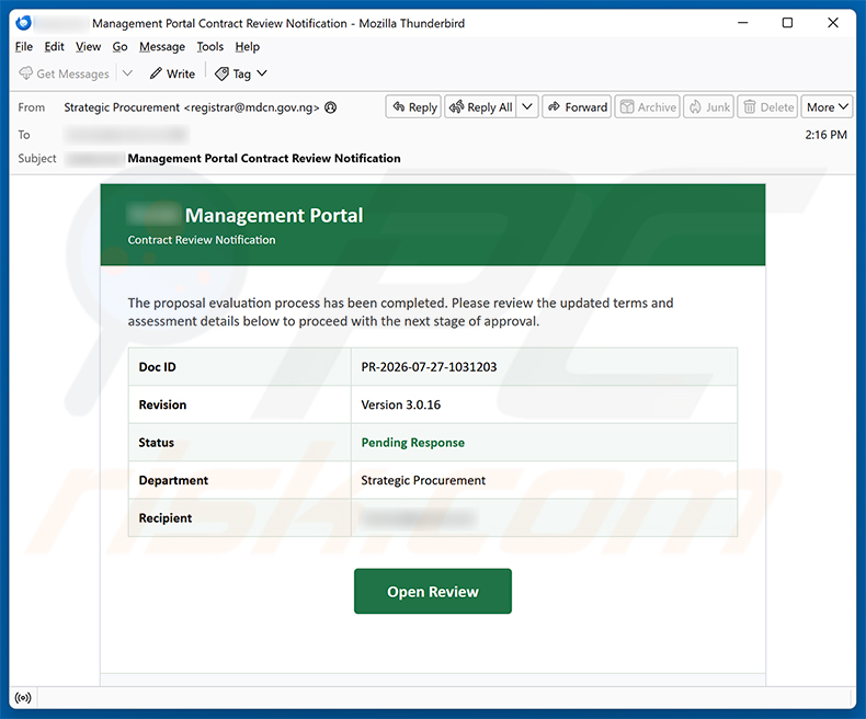 Campagne de spam par e-mail Proposal Evaluation Completed arnaque par e-mail