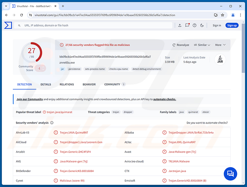 Détections du malware QuimaRAT sur VirusTotal