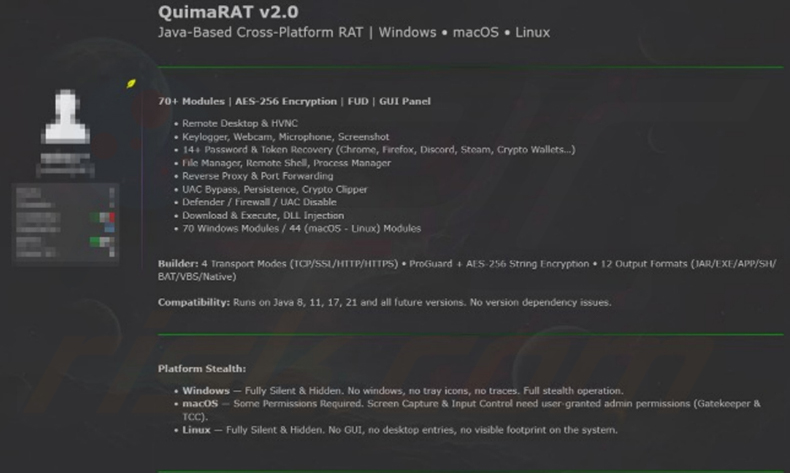 Annonce promotionnelle de QuimaRAT v2.0