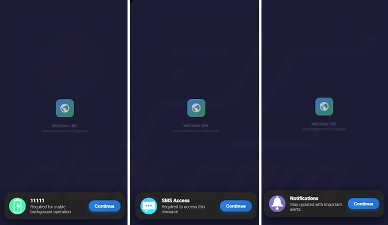 Écrans de demande d'autorisation générés par le générateur du logiciel espion RedWing pour le contournement de l'optimisation de la batterie, l'accès aux SMS et les notifications