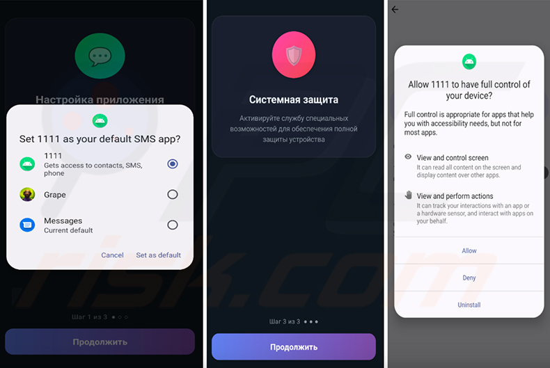 Assistant de configuration des autorisations du logiciel espion RedWing demandant l'accès en tant qu'application SMS par défaut, les services d'accessibilité et les privilèges d'administrateur de l'appareil