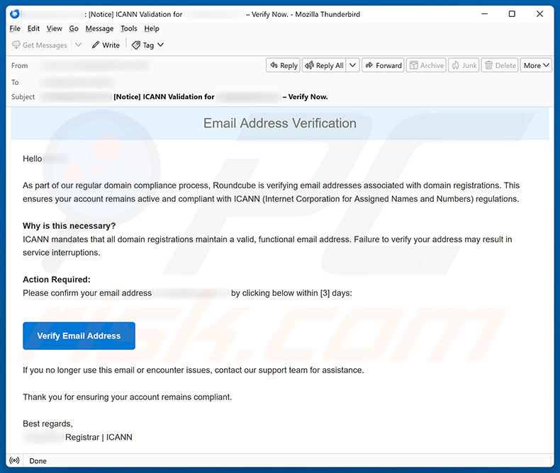 Campagne de spam par e-mail Roundcube Domain Registration Email Verification Scam