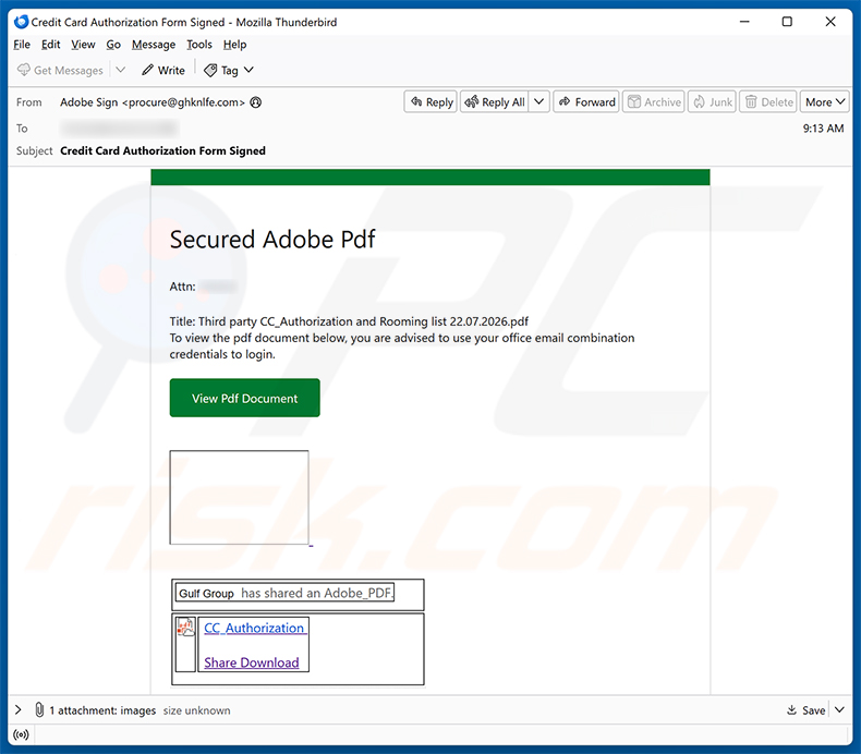Campagne de spam par e-mail Secure Adobe PDF - Credit Card Authorization