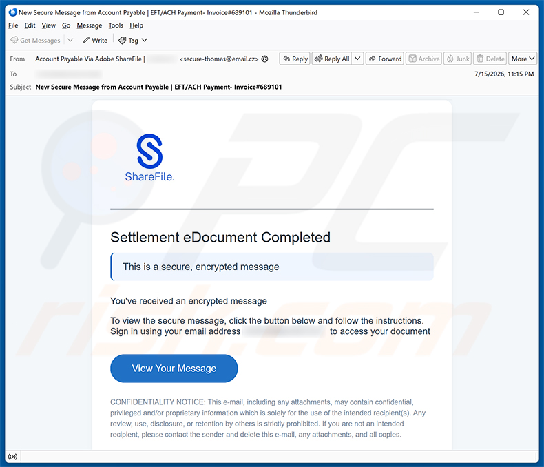 Campagne de spam par e-mail Settlement eDocument Completed