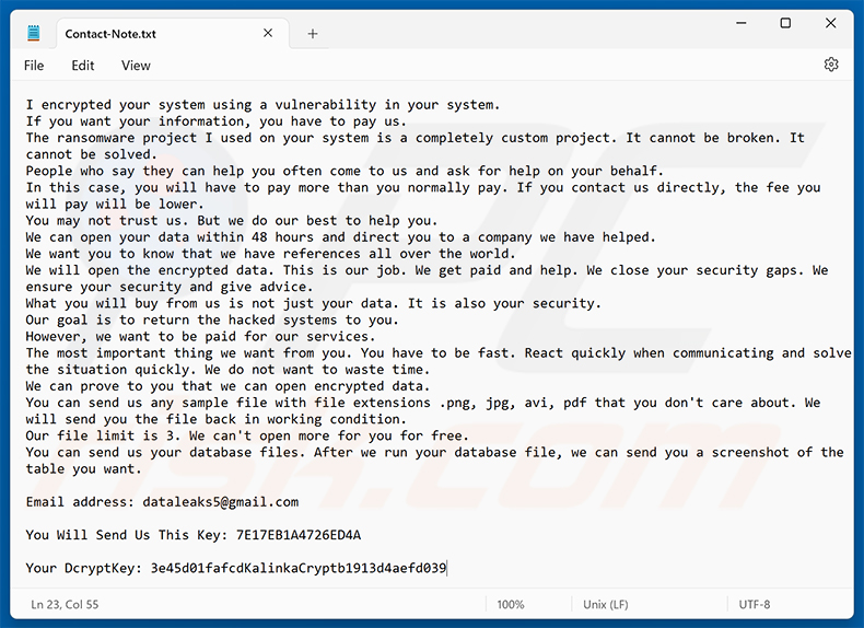 Demande de rançon du ransomware KalinkaCrypt (Contact-Note.txt)