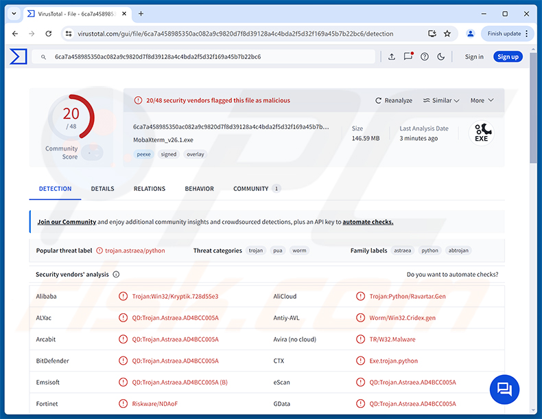 Détections du malware Starland RAT sur VirusTotal