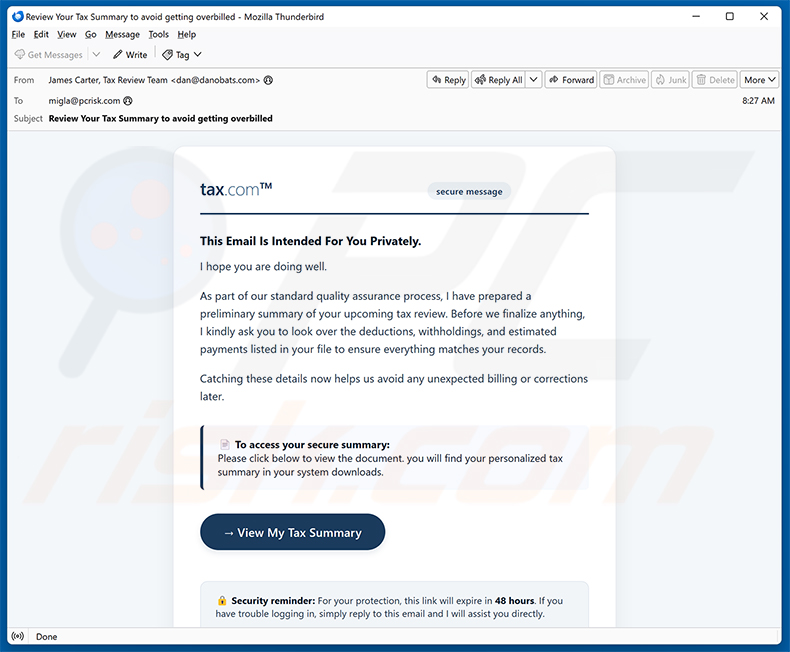 Campagne de spam par e-mail Tax Summary Email Virus